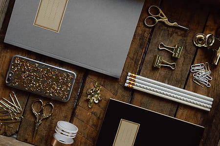 Office accessories on an old wooden tray thumbnail