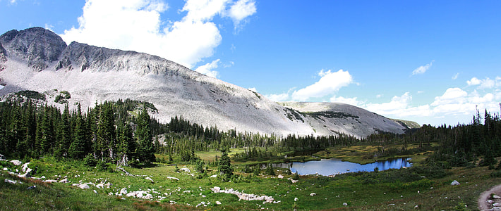 photo of green field of grass and body of water near snowy mountain thumbnail