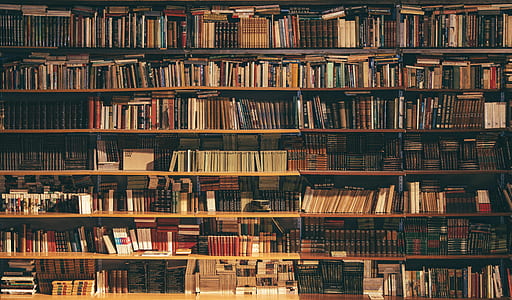 assorted-color book lot in bookcase thumbnail