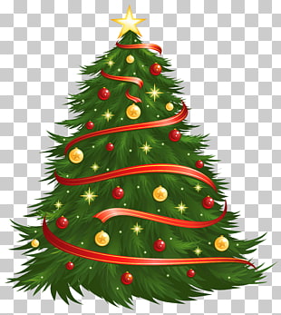 Christmas tree , Large Size Transparent Decorated Christmas Tree , Christmas tree with red and yellow balls and star PNG clipart