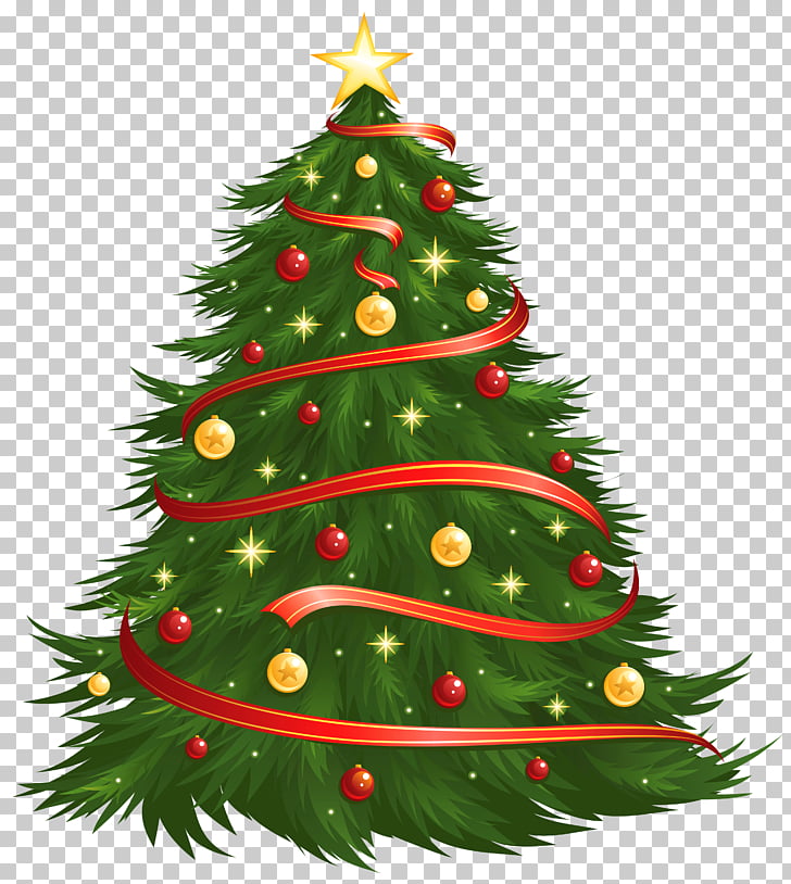 Christmas tree , Large Size Transparent Decorated Christmas Tree , Christmas tree with red and yellow balls and star PNG clipart
