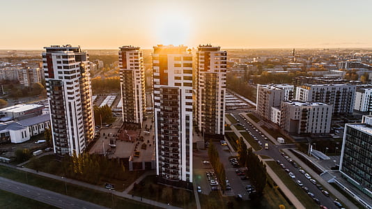 High Angle Photography of High-rise Buildings Near Road during Golden Hour thumbnail
