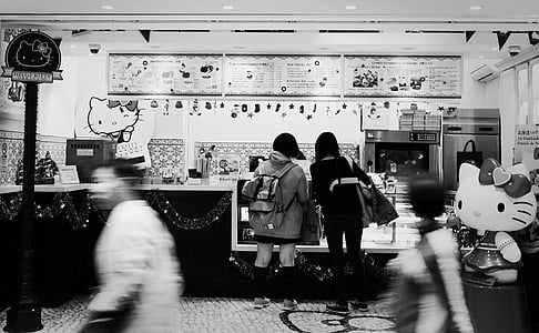 black and white photo of Hello Kitty Cafe shop thumbnail