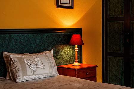 turned on red and brown table lamp thumbnail