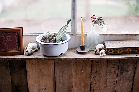 White Metal Bowl Beside Yellow Wax Candle on Brown Wall thumbnail