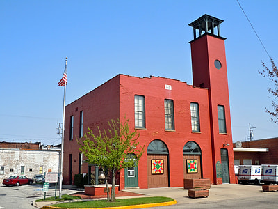 Historic fire station with patchwork quilt designs on doors in Indiana thumbnail