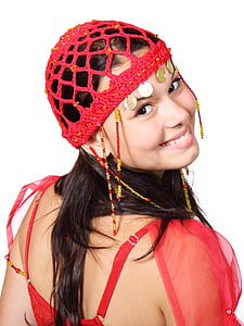 woman wearing red knitted headdress thumbnail