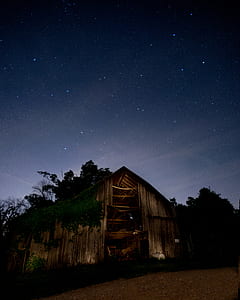 brown wooden house near trees during nighttime thumbnail