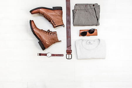 brown leather work boots, belt, and crew-neck t-shirt thumbnail