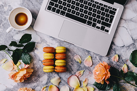 Overhead view of macarons on a marble slab thumbnail