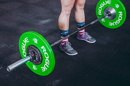 green-and-gray Rogue barbells thumbnail