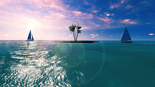 two blue sailing boats under blue sky thumbnail