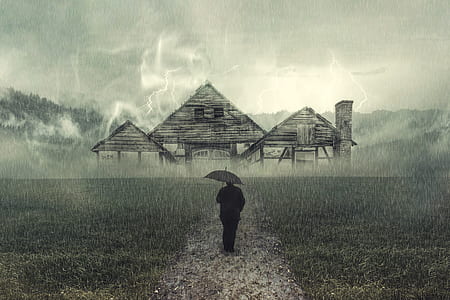 person with umbrella with house background thumbnail