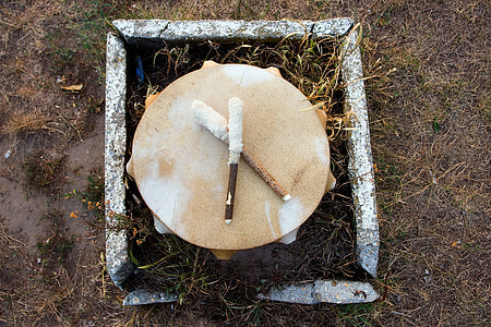 photo of round textile with two sticks with textiles on square twig plants inside box thumbnail