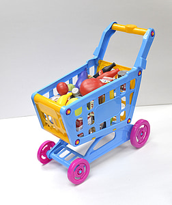blue and yellow plastic shopping push cart toy thumbnail