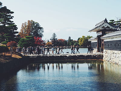 people crossing on footbridge under body of water thumbnail