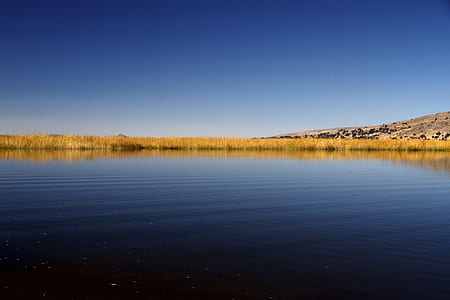 body of water surrounded by brown field under blue sky during daytime thumbnail