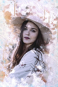 woman in white dress with beige paint splatter filter thumbnail