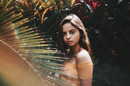 woman wearing orange off-shoulder dress standing near croton plants thumbnail