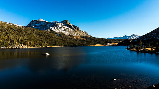 Calm Water Near Green Tress Under Snow-capped Mountain and Blue Sky thumbnail