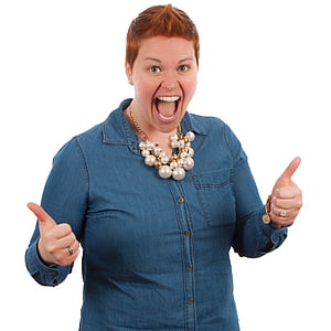 woman wearing white pearl bib necklace and blue chambray button-up long-sleeved top thumbnail