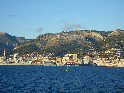 View of Toulon, the Arsenal and Mount Faron from the Harbour in France thumbnail