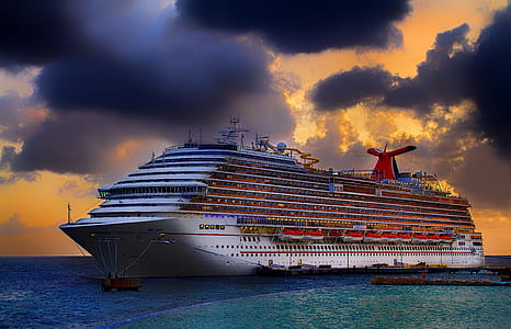 cruise ship on sea under black clouds thumbnail