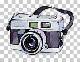Watercolor painting Camera Photography Illustration, Watercolor camera, black and white DSLR camera PNG clipart