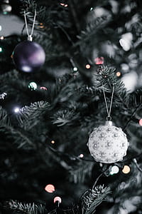 closeup photography of two whit and gray Christmas baubles thumbnail