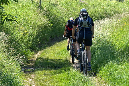 two person riding bicycle surrounded by green grass during daytime thumbnail