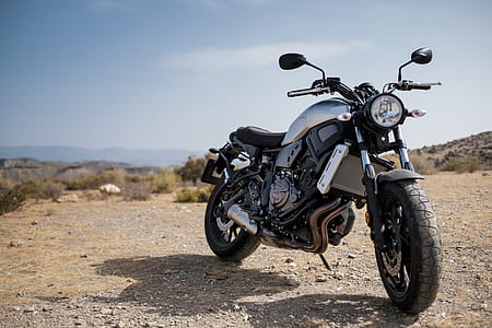 black and gray cruiser motorcycle on brown ground thumbnail