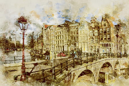 bridge with buildings and post lamp painting thumbnail