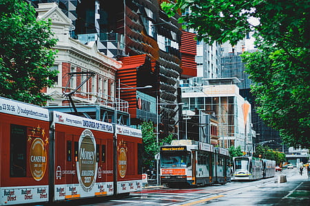 white and orange bus in front of white concrete building thumbnail