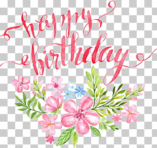 Birthday Calligraphy Greeting card Illustration, Flowers Happy Birthday letters buckle clip Free HD, pink flowers painting with happy birthday text PNG clipart