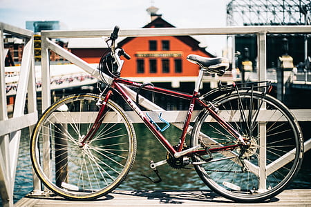 red city bicycle beside handrails on wooden dock thumbnail