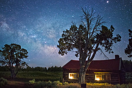 brown and red wooden bungalow under clear night sky thumbnail