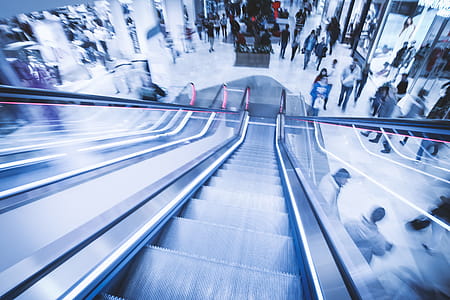 View from escalators in the shopping center in motion thumbnail