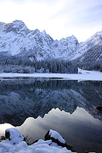 photo of glacier mountains reflecting on body of water under cloudy sky thumbnail