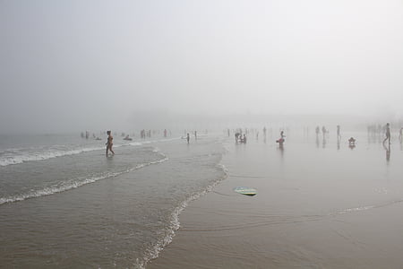 people standing on seaside during foggy day thumbnail