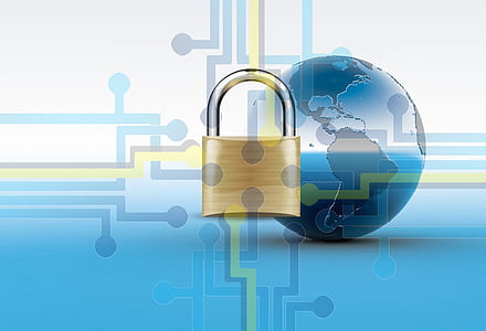 gold-colored padlock with planet Earth on the background digital wallpaper thumbnail