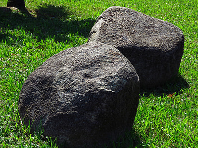 two gray rocks on green brass at daytime thumbnail