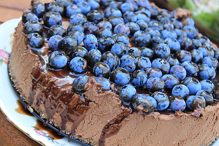 close-up photo of chocolate cake top with blueberries thumbnail