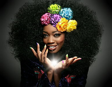 black haired woman with floral headband thumbnail