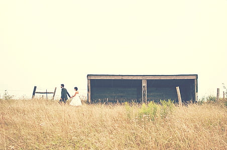 groom and bride walking on brown grass field during daytime thumbnail