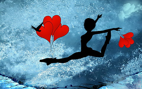 silhouette of dancing ballet dancer with heart balloons on hand and foot illustration thumbnail