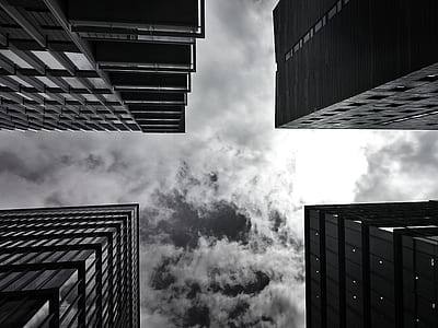 black-and-white, city, sky, clouds thumbnail