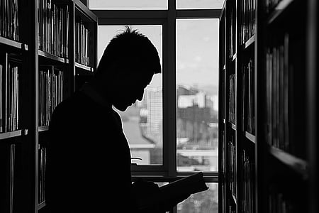 silhouette of man reading book in library near window panes thumbnail