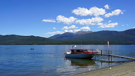 red and white pontoon boat docked on body of water thumbnail