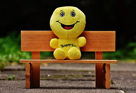 yellow plush toy sitting on bench thumbnail