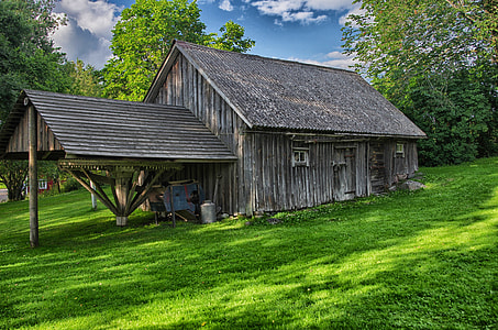 gray cabin beside tall trees thumbnail